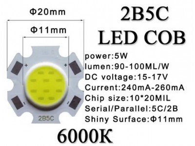 Зображення Світлодіодний модуль 2B5C 5W 6000K у категорії Світлодіодні стрічки